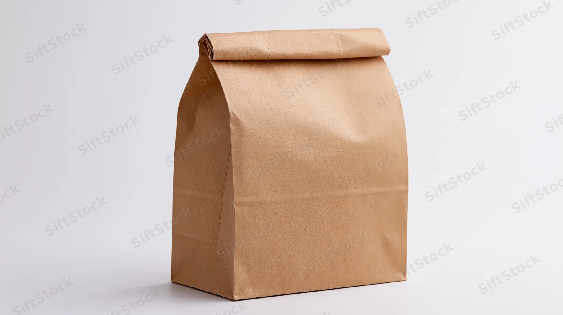 Brown kraft paper lunch bag standing upright on white background