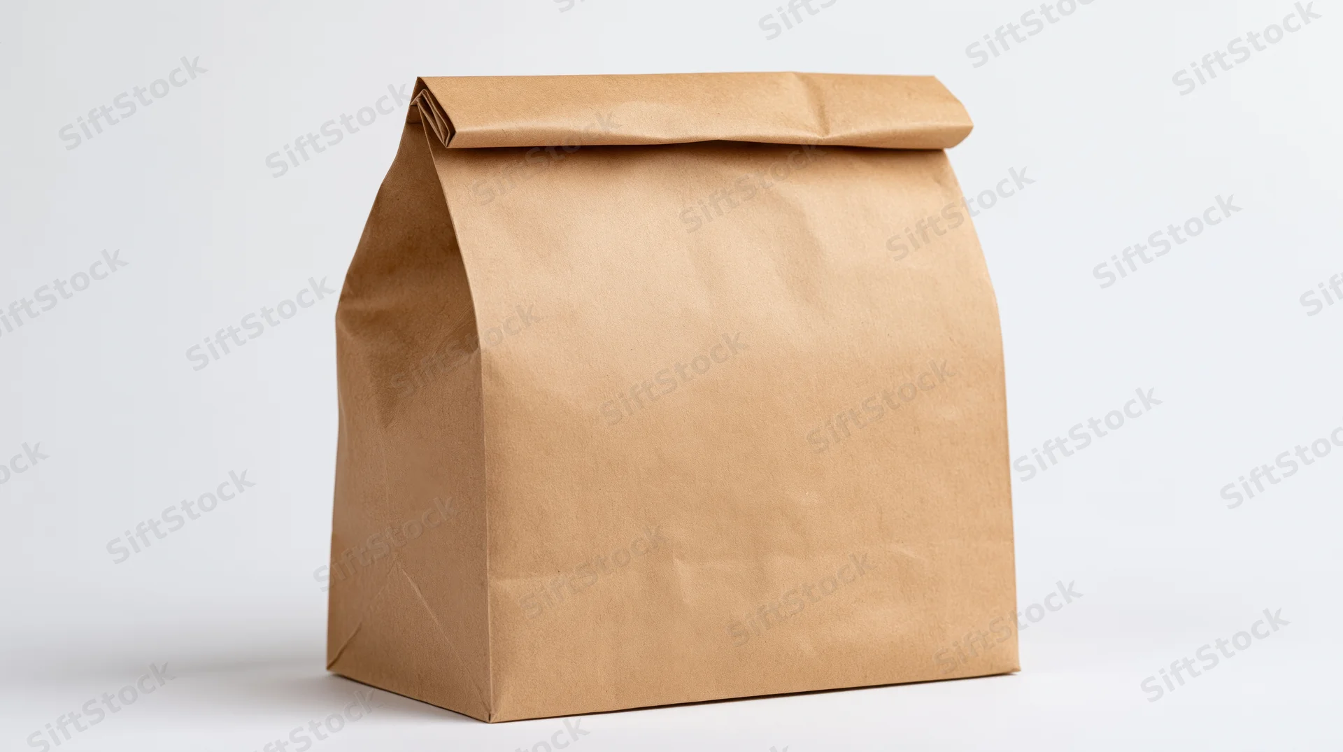 Brown kraft paper lunch bag standing upright with top fold on white background