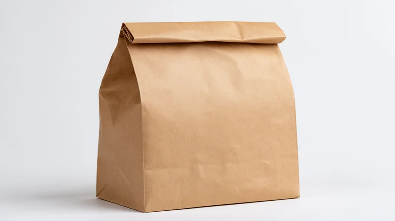 Brown kraft paper lunch bag standing upright with top fold on white background
