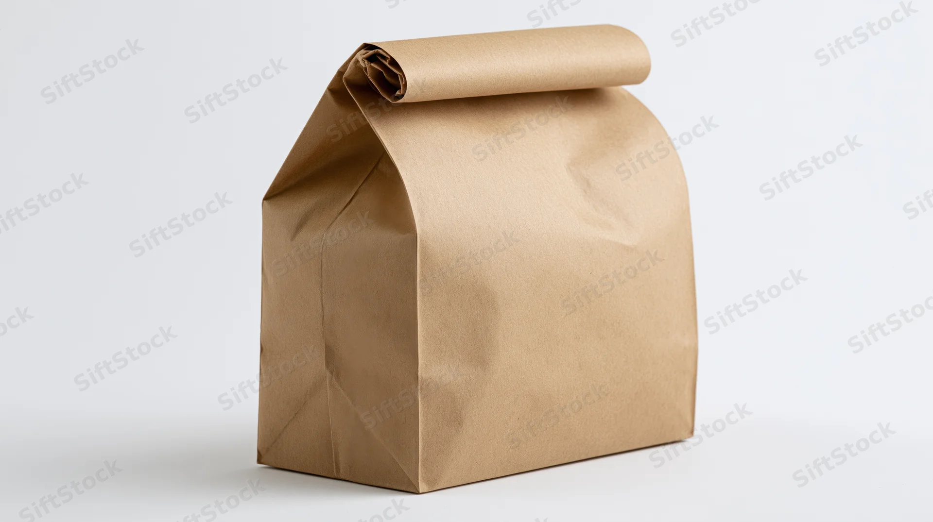 Brown kraft paper lunch bag standing upright with top fold on white background