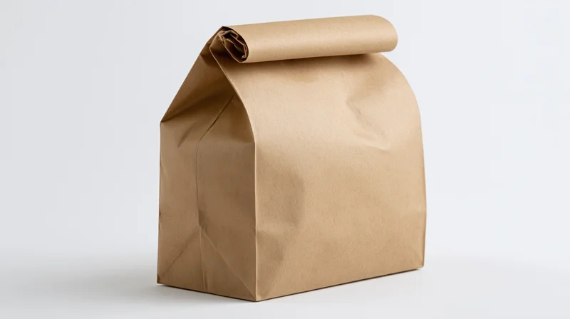 Brown kraft paper lunch bag standing upright with top fold on white background