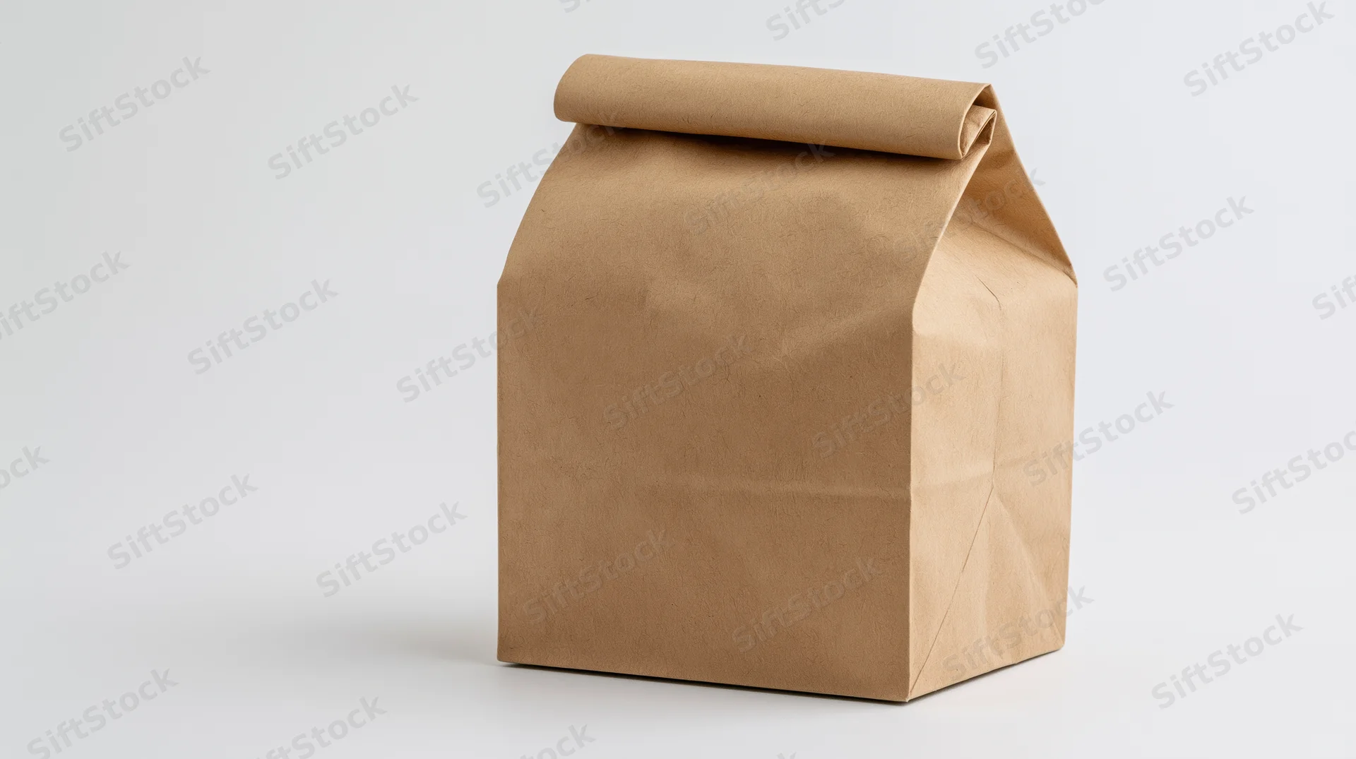Brown kraft paper lunch bag standing upright with folded top on white background