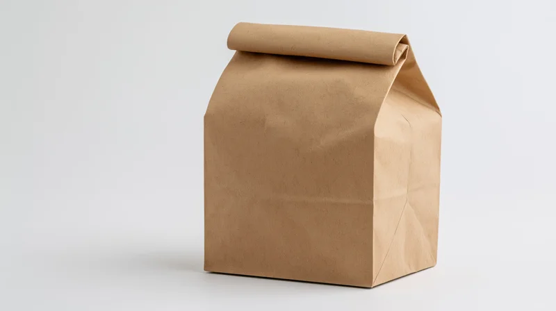 Brown kraft paper lunch bag standing upright with folded top on white background