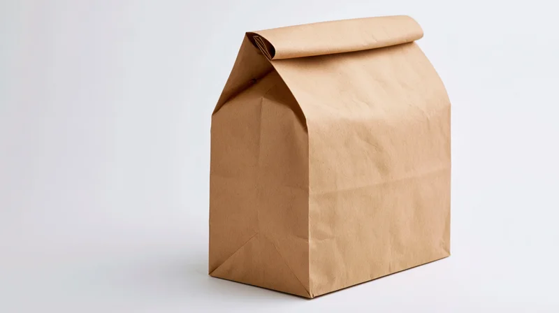 Brown kraft paper lunch bag standing upright with top fold on white background