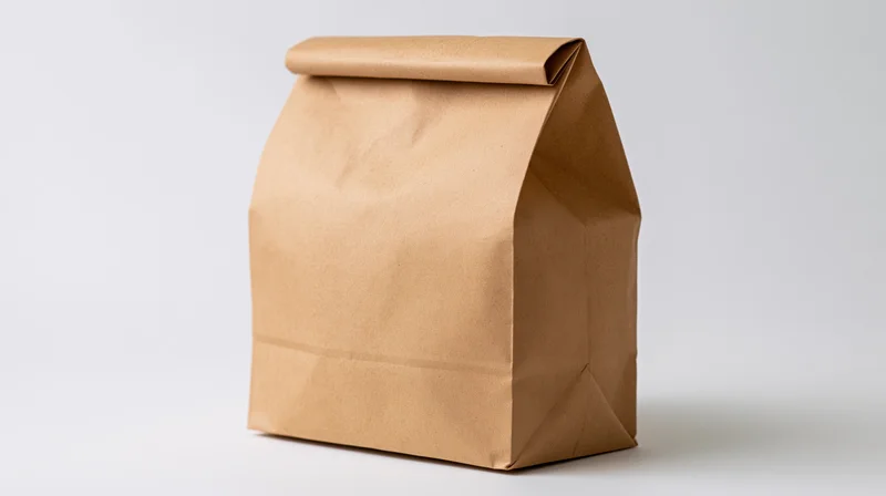 Brown kraft paper lunch bag standing upright on white background