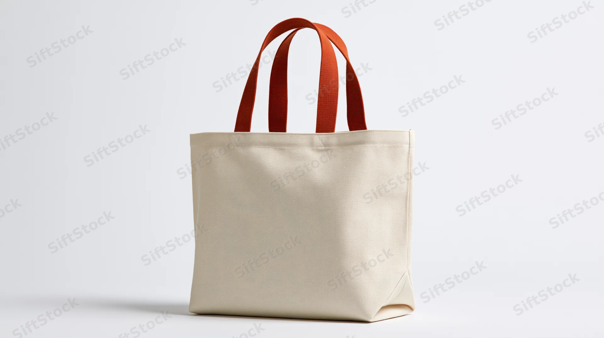 Plain canvas tote bag with burnt orange handles on white background