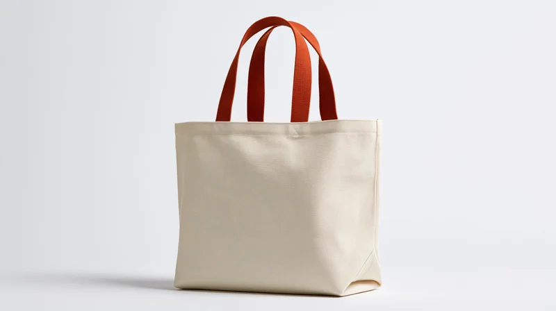 Plain canvas tote bag with burnt orange handles on white background
