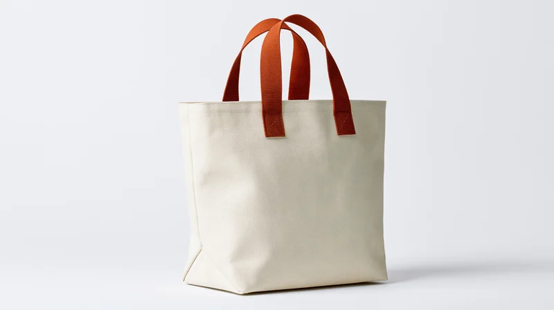 Plain canvas tote bag with burnt orange handles on white background