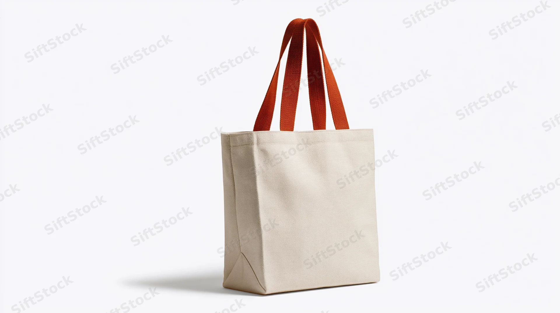 Plain canvas tote bag with burnt orange handles on white background