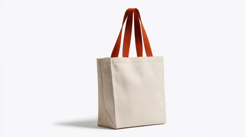 Plain canvas tote bag with burnt orange handles on white background