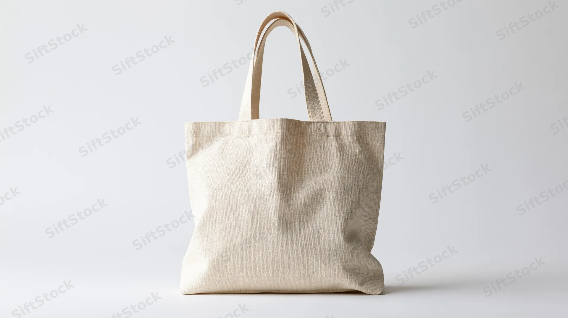 Cream canvas tote bag standing upright centered on white background