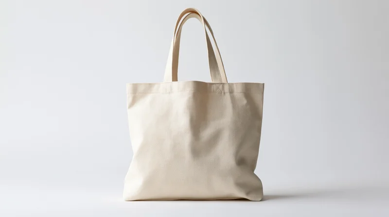 Cream canvas tote bag standing upright centered on white background