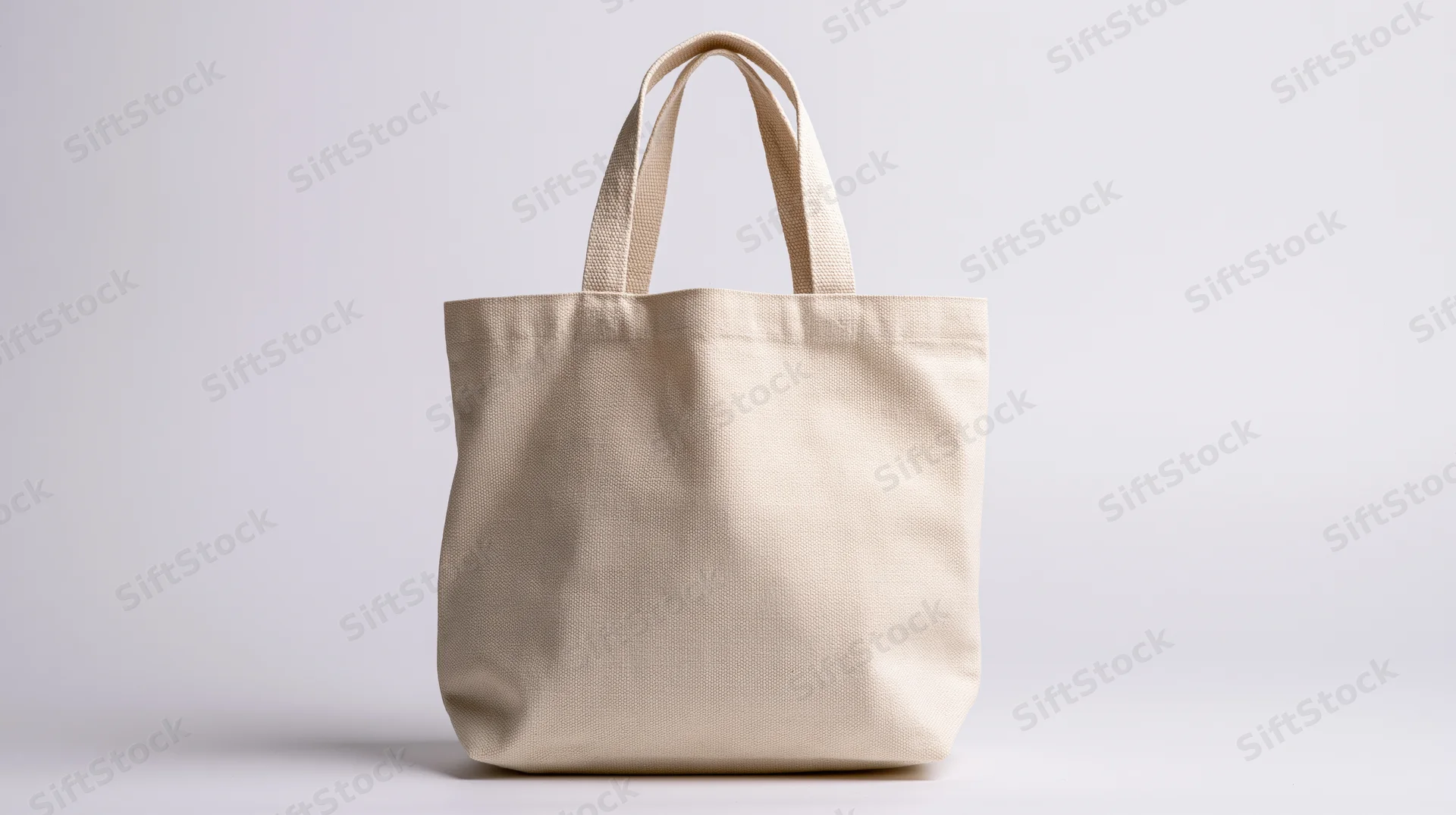 Cream canvas tote bag standing upright centered on white background