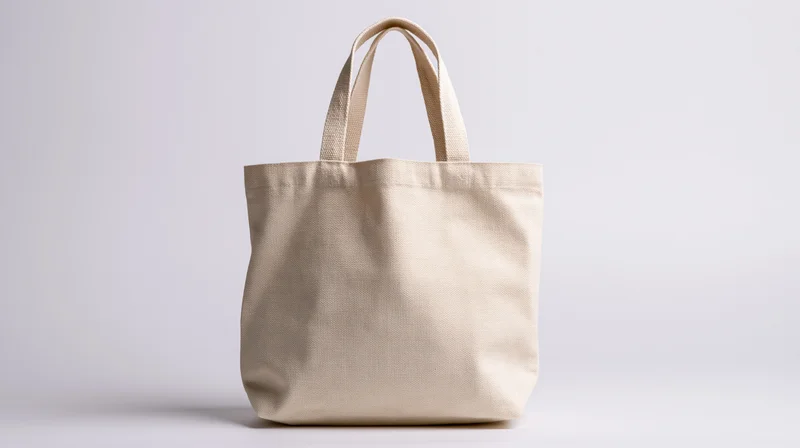 Cream canvas tote bag standing upright centered on white background