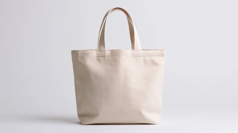 Cream canvas tote bag standing upright centered on white background