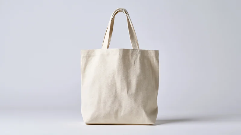 Cream canvas tote bag standing upright centered on white background