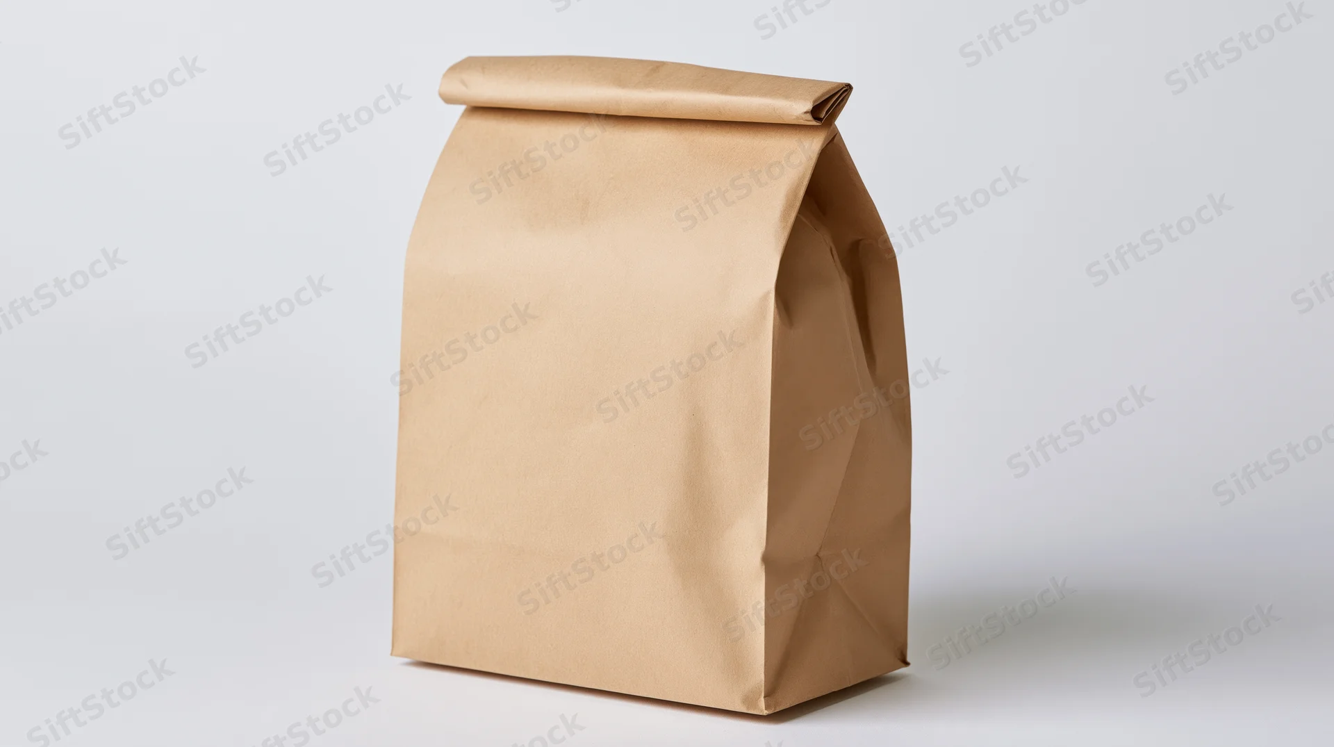 Plain kraft paper lunch bag standing upright with folded top on white background