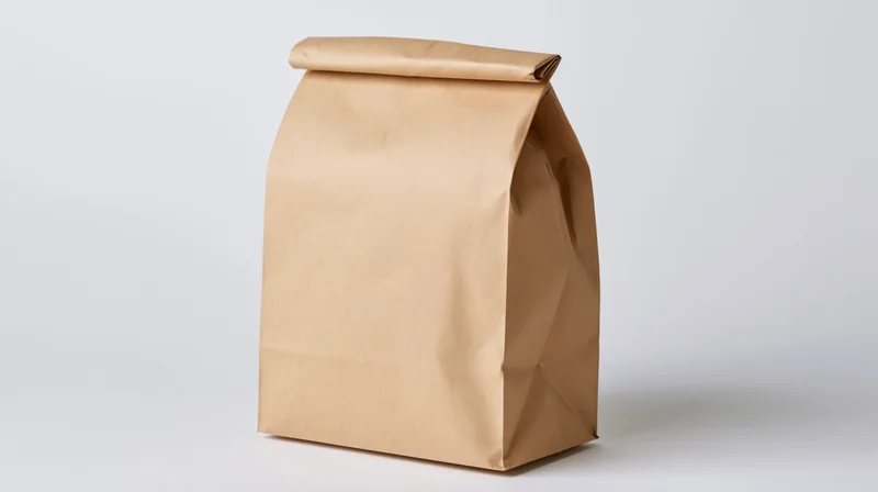 Plain kraft paper lunch bag standing upright with folded top on white background