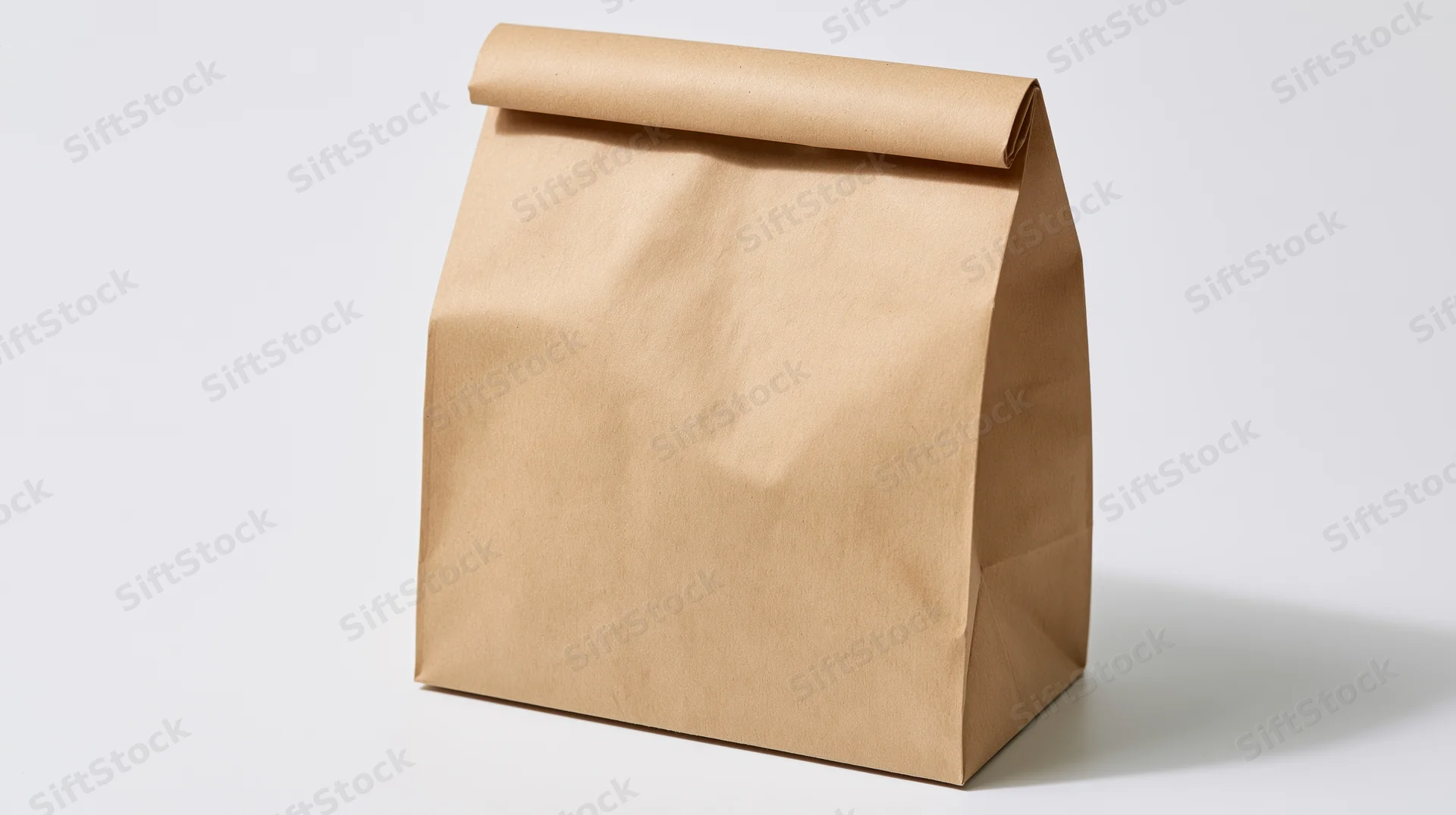 Plain kraft paper lunch bag standing upright with folded top on white background