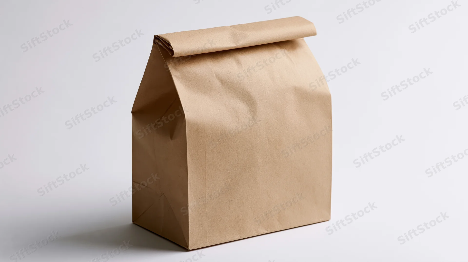 Plain kraft paper lunch bag standing upright with folded top on white background