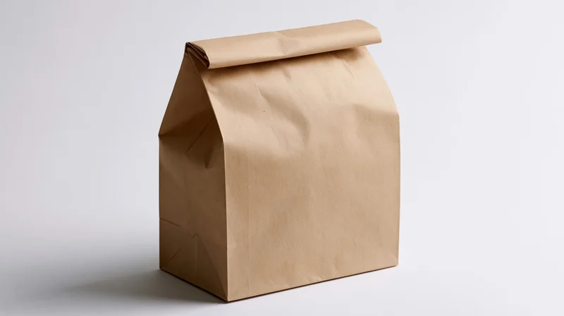 Plain kraft paper lunch bag standing upright with folded top on white background