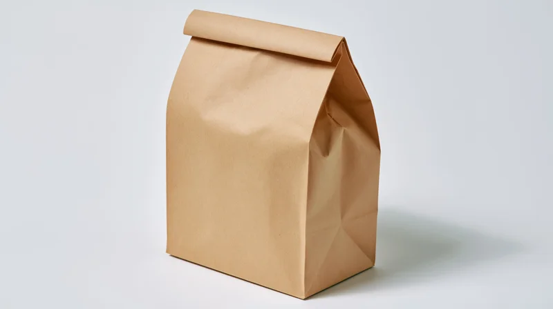 Plain kraft paper lunch bag standing upright with folded top on white background