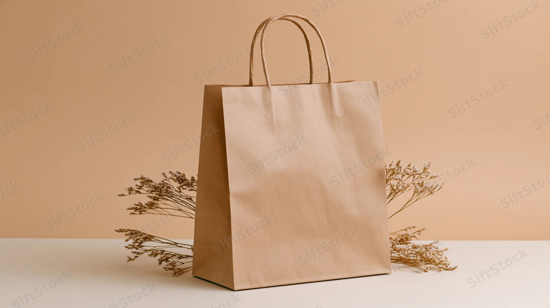 Plain kraft paper shopping bag standing upright on a flat surface with dried flowers beside it
