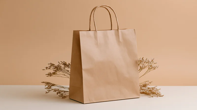 Plain kraft paper shopping bag standing upright on a flat surface with dried flowers beside it