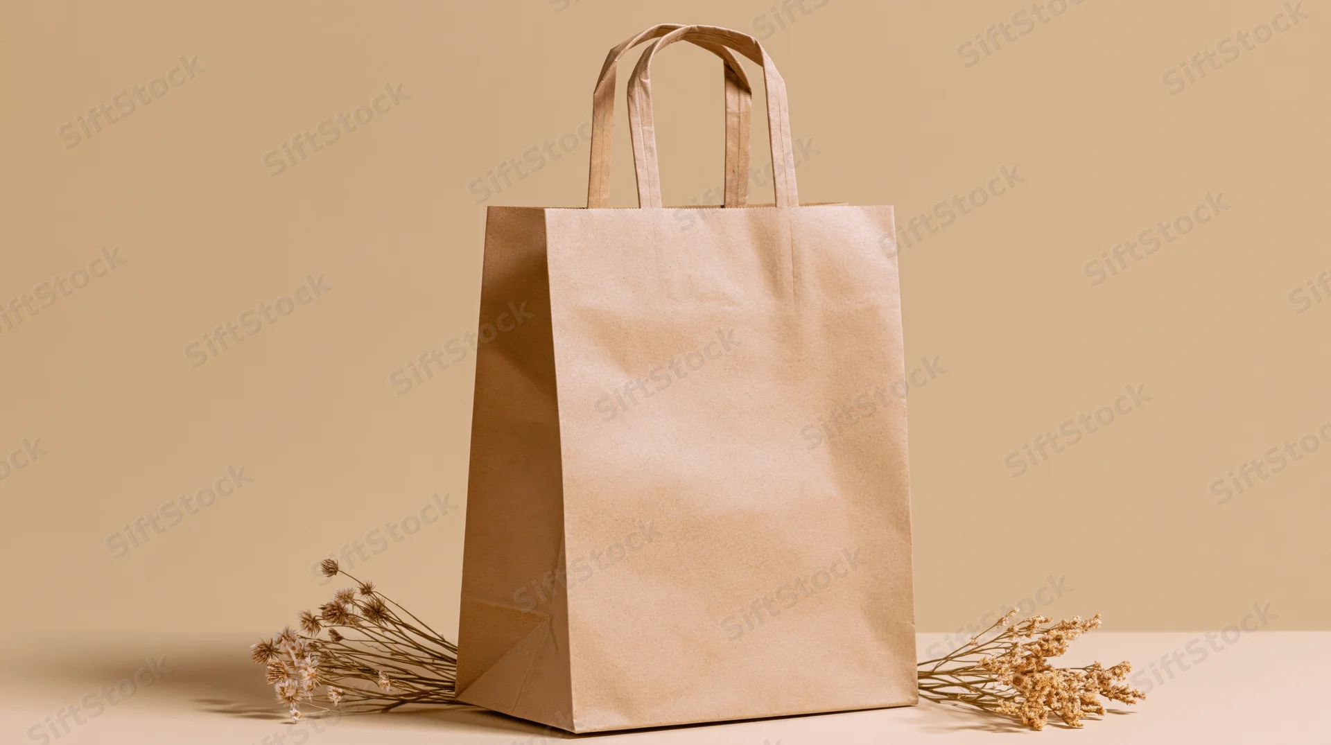 Plain kraft paper shopping bag standing upright on a flat surface with dried flowers beside it