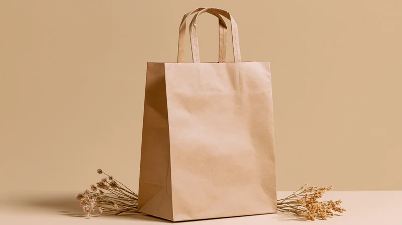 Plain kraft paper shopping bag standing upright on a flat surface with dried flowers beside it