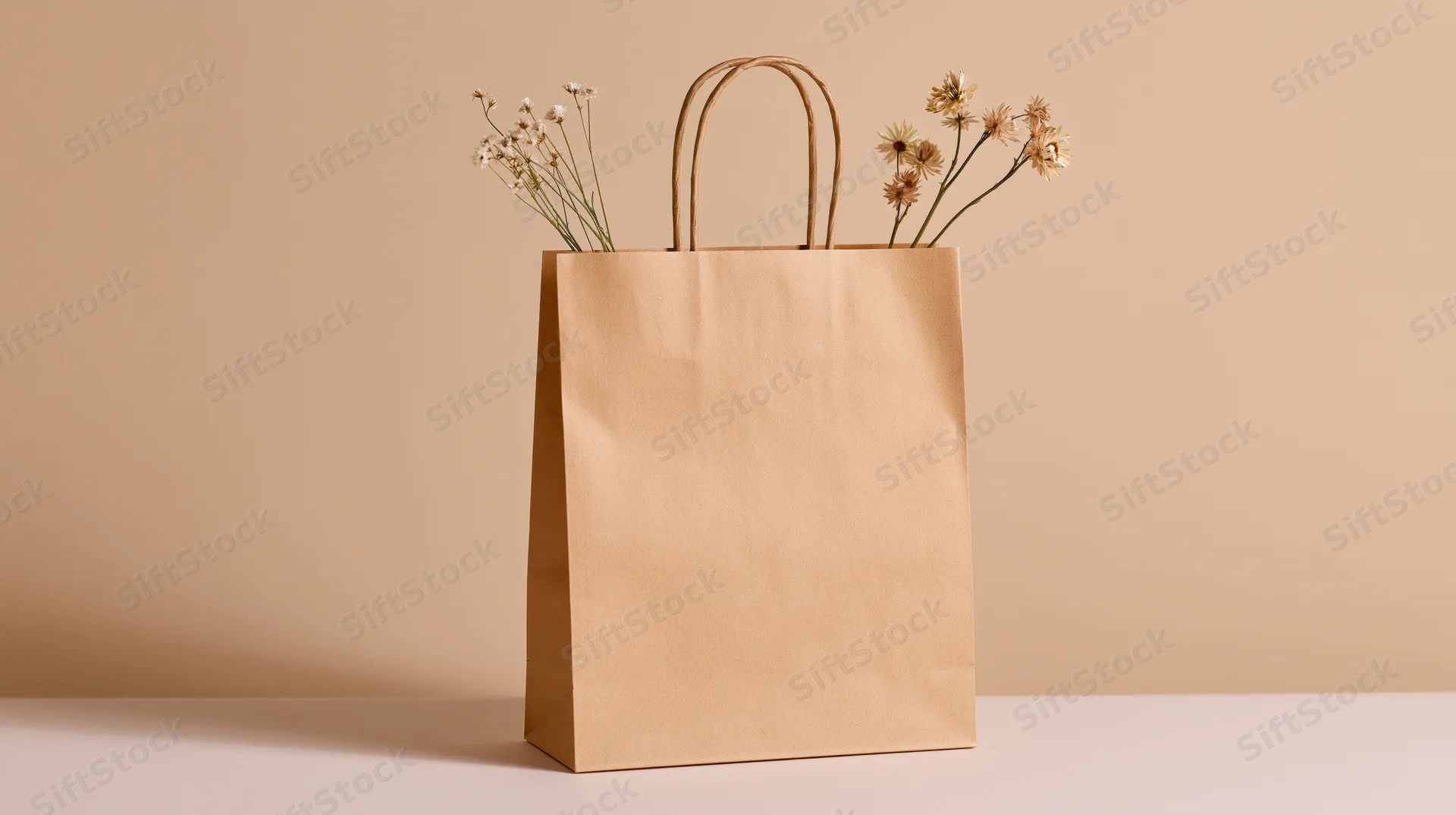 Kraft paper bag with dried flowers standing on a flat surface