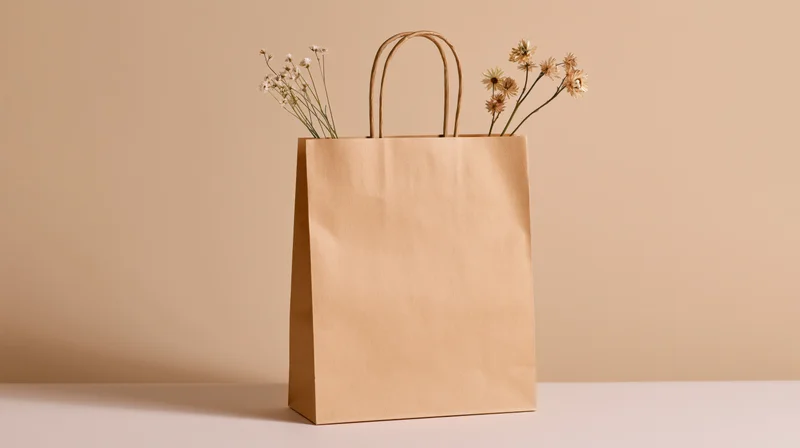 Kraft paper bag with dried flowers standing on a flat surface