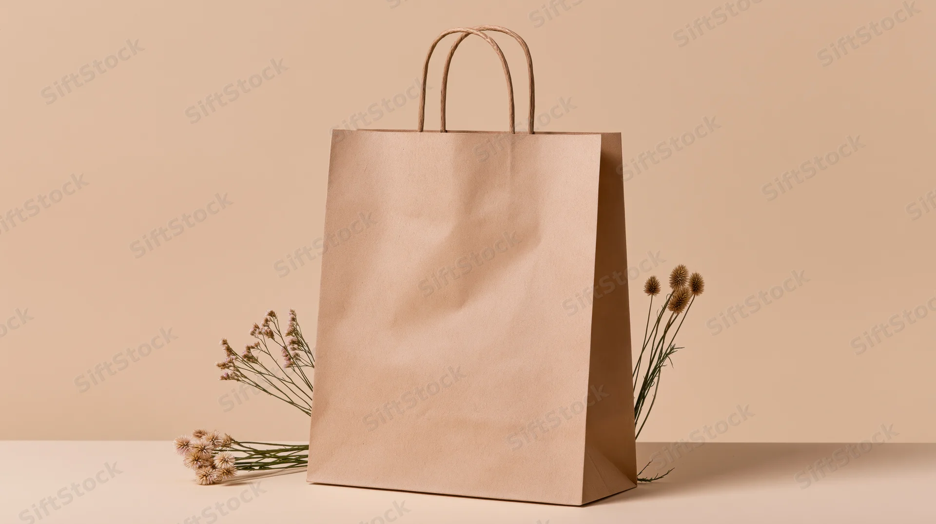 Plain kraft paper shopping bag standing upright on flat surface with dried flowers beside it