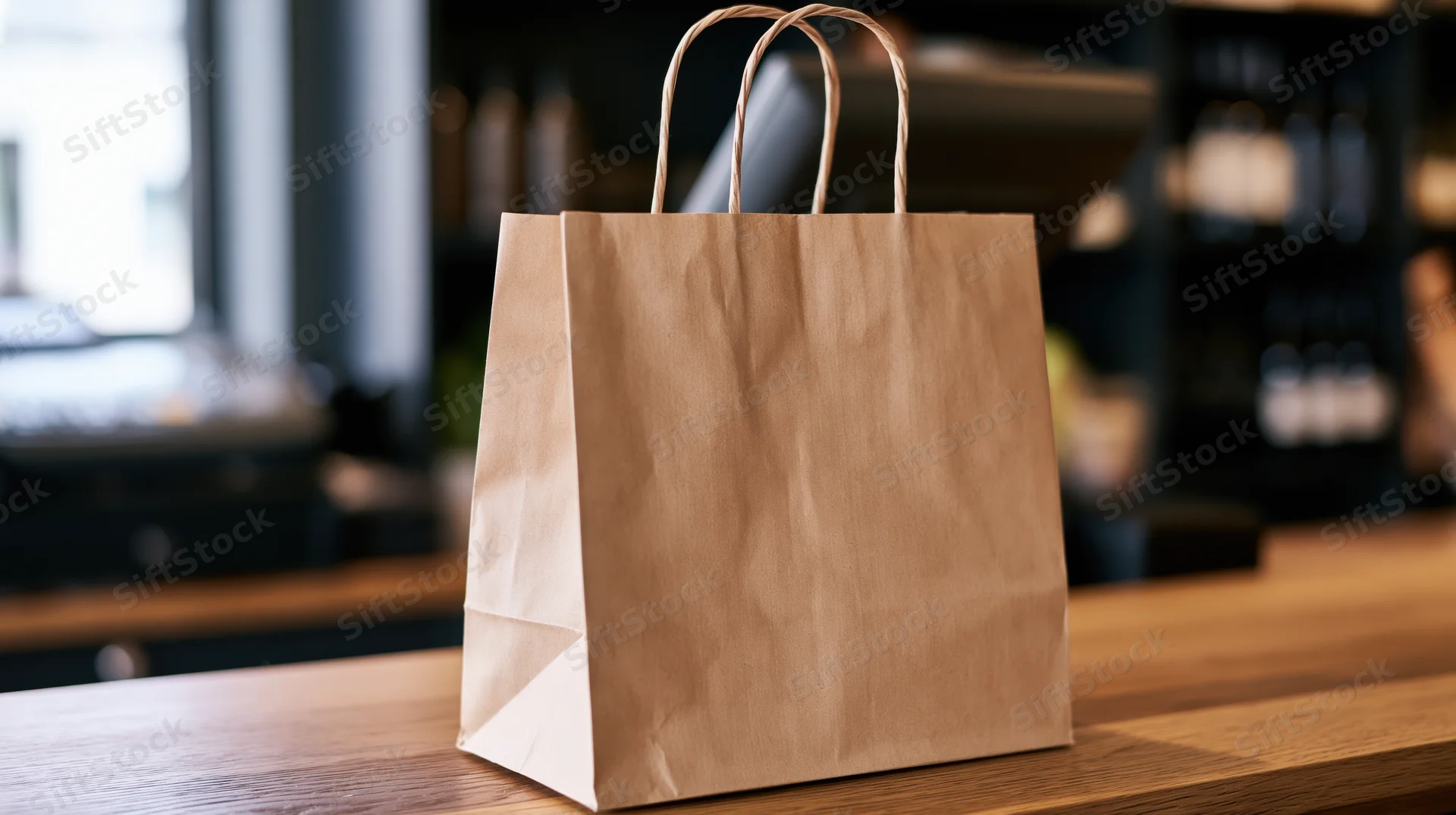 Kraft paper bag with twisted handles on wooden counter in cafe interior