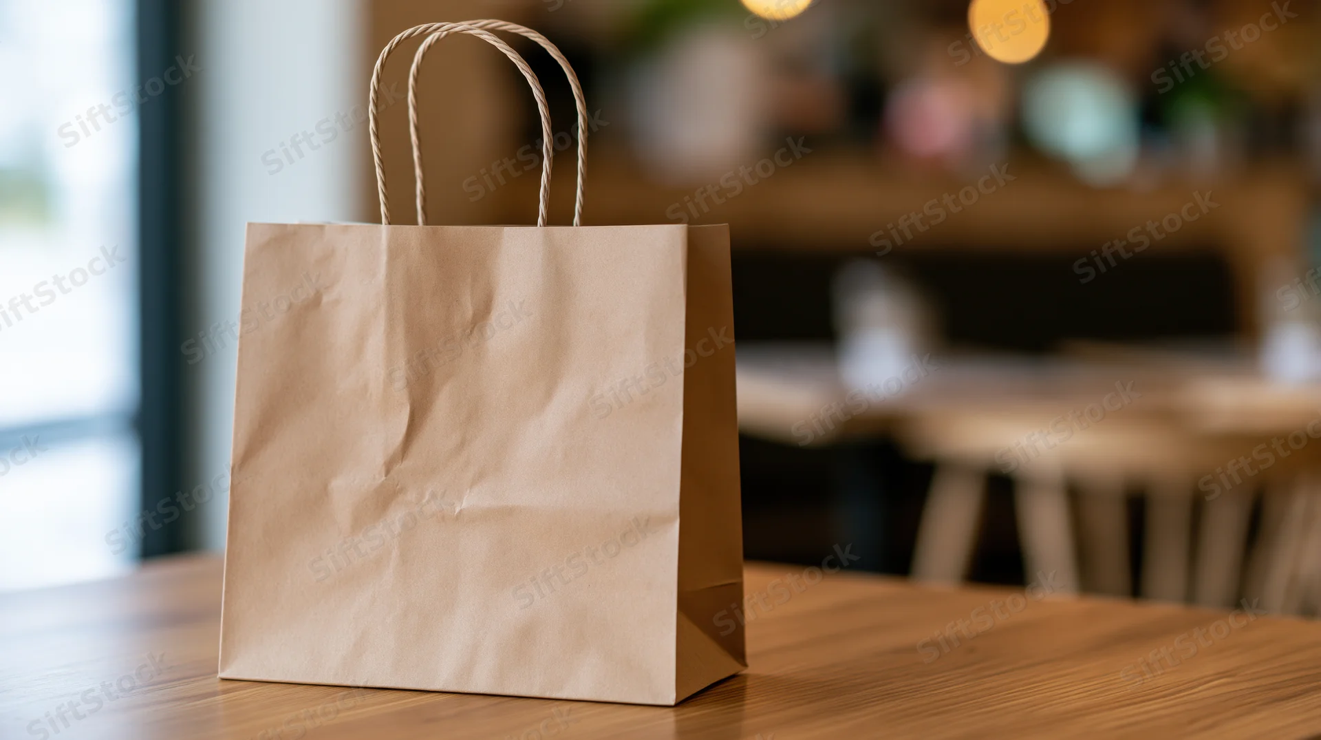 Kraft paper shopping bag with twisted rope handles on wooden table in cafe interior