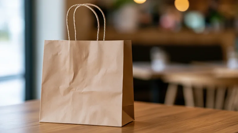 Kraft paper shopping bag with twisted rope handles on wooden table in cafe interior