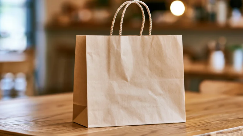 Kraft paper shopping bag with twisted rope handles on wooden table in cafe interior