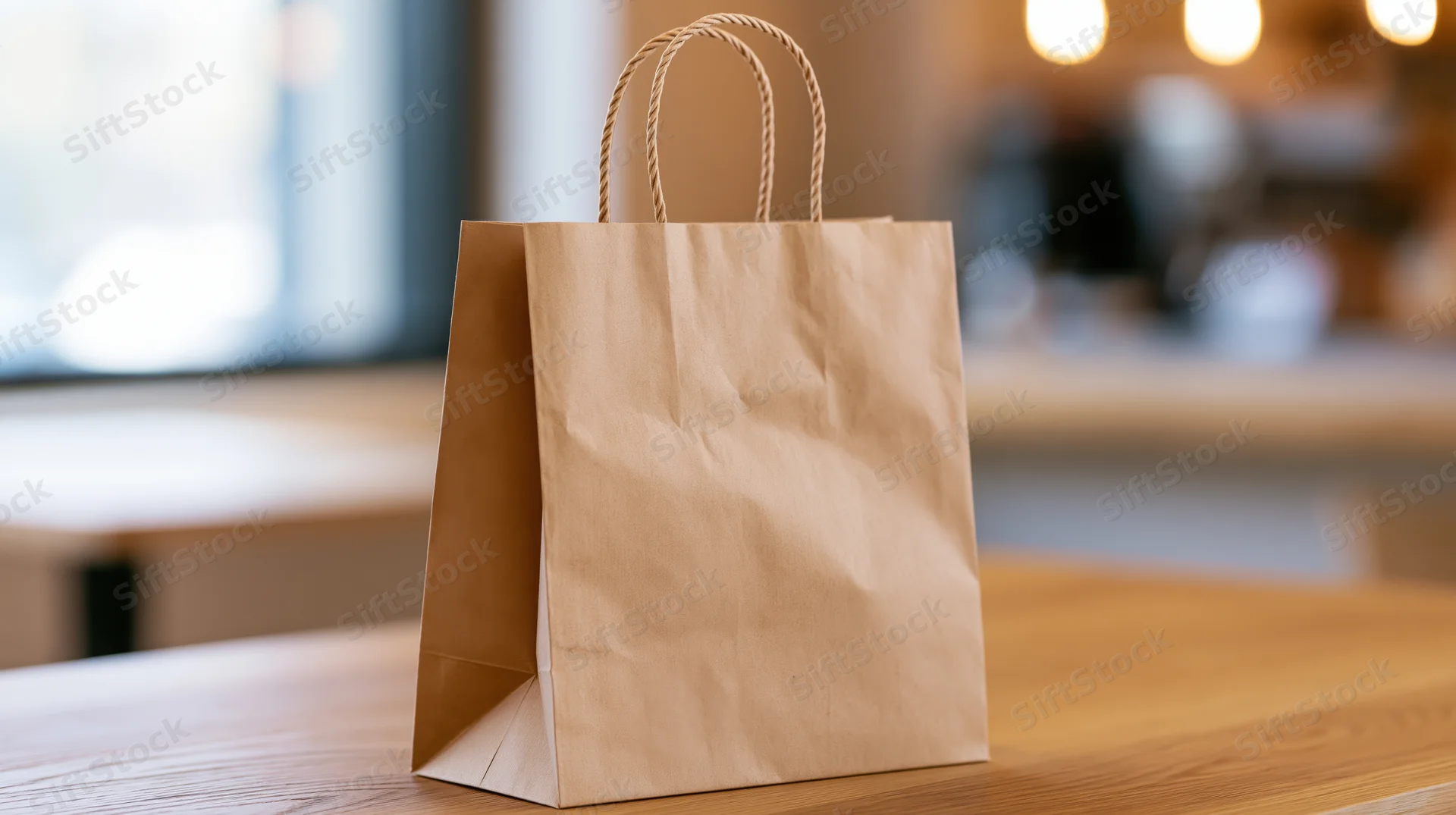 Kraft paper shopping bag with twisted rope handles on wooden table in cafe setting