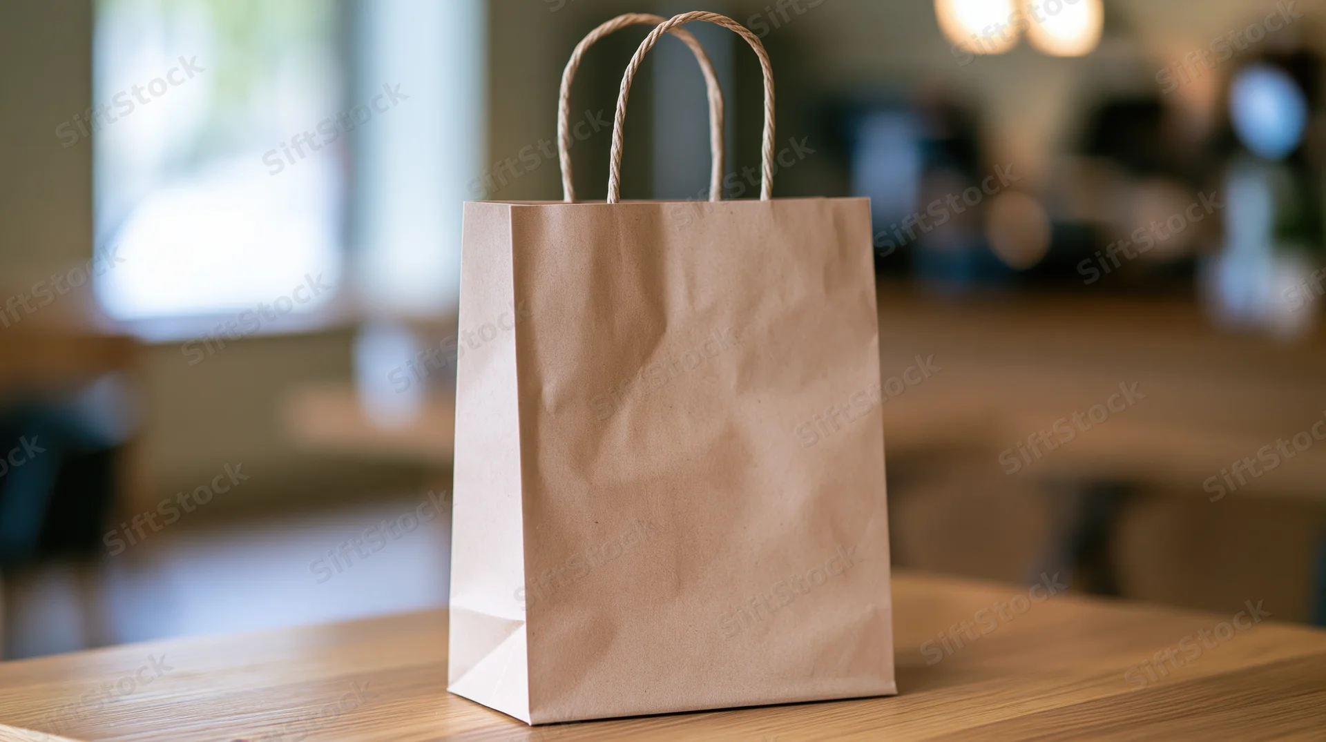 Plain kraft paper shopping bag with twisted rope handles on wooden table in cafe interior