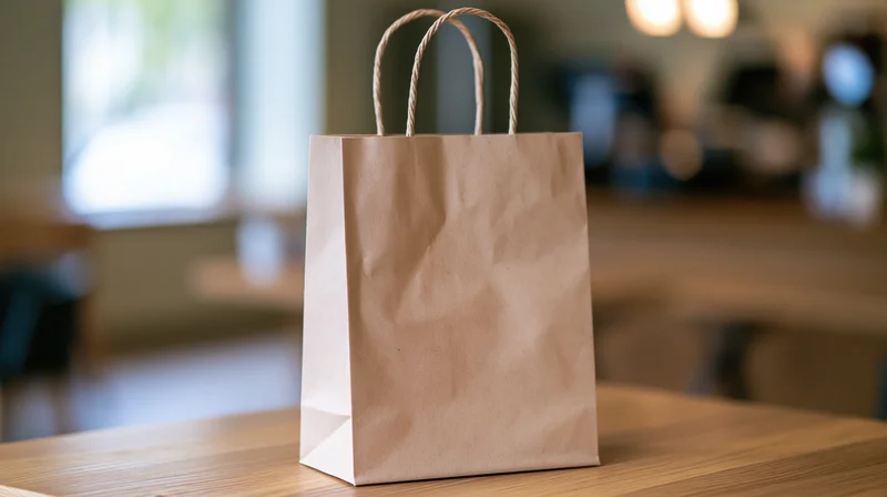 Plain kraft paper shopping bag with twisted rope handles on wooden table in cafe interior