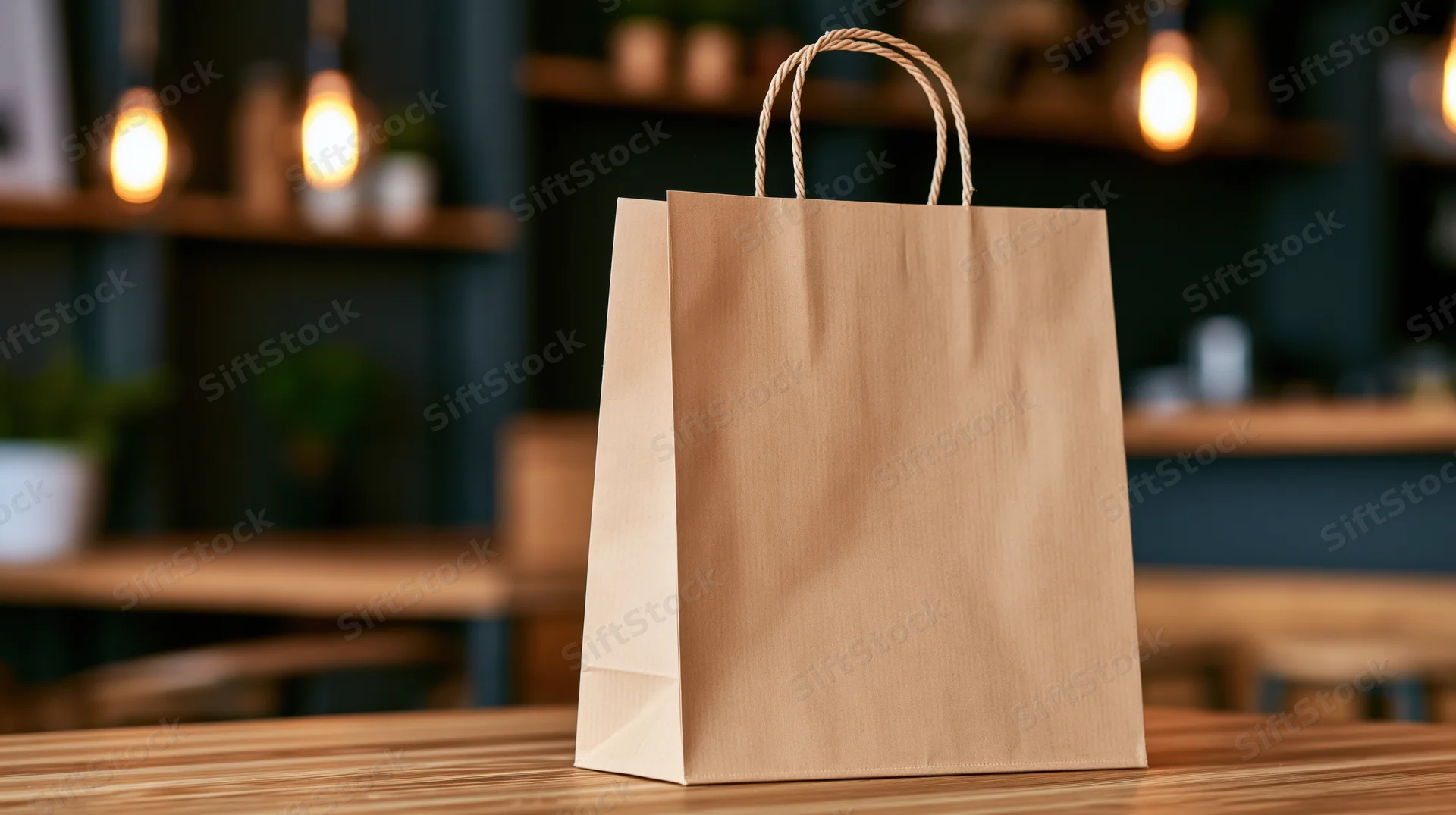Plain kraft paper shopping bag with twisted rope handles on wooden table in cafe interior