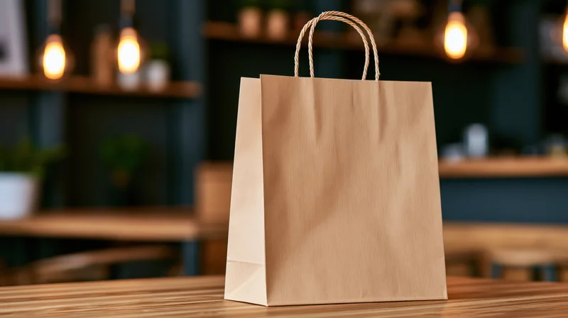 Plain kraft paper shopping bag with twisted rope handles on wooden table in cafe interior