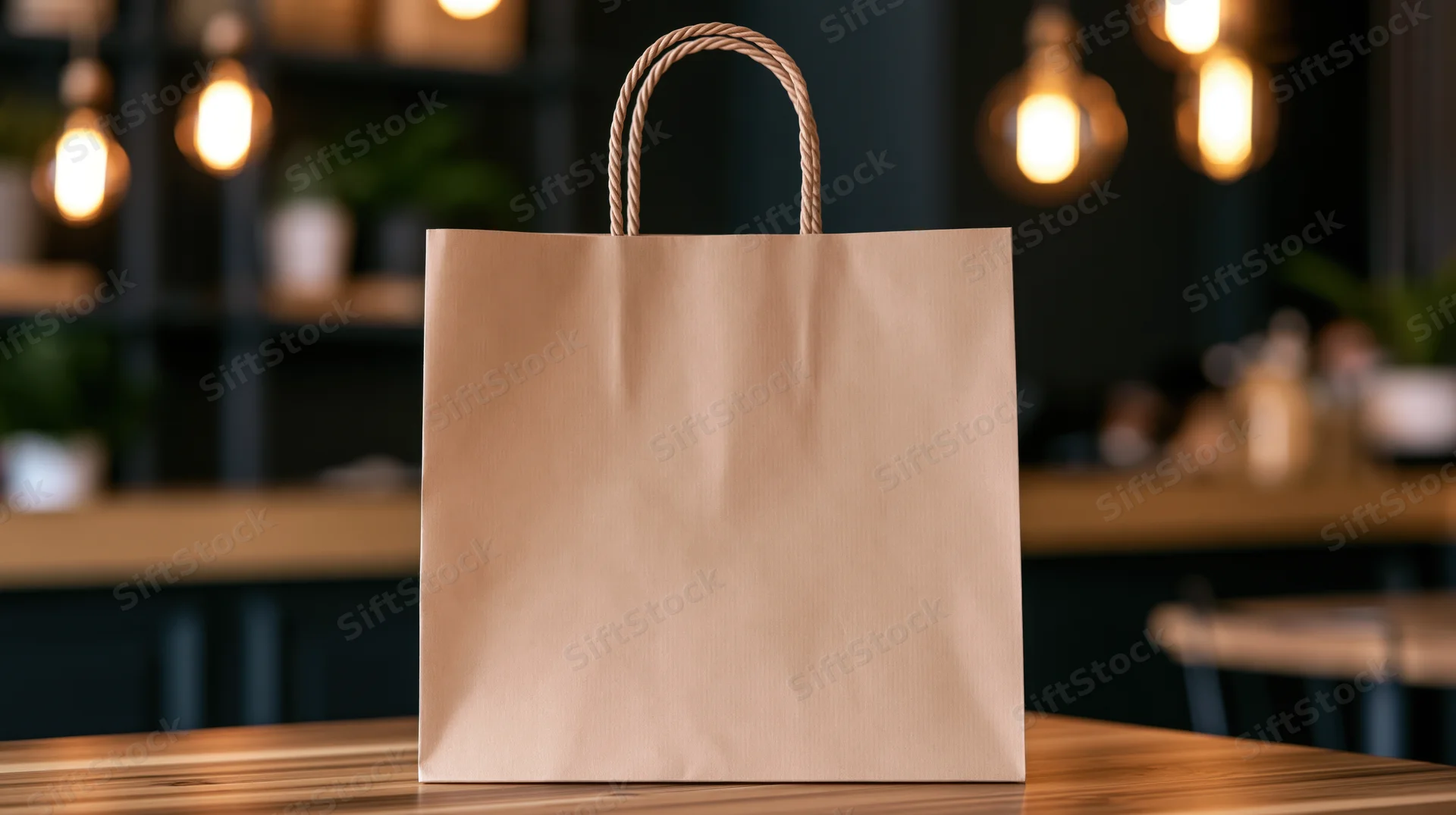 Kraft paper shopping bag with twisted rope handles on wooden table in cafe interior