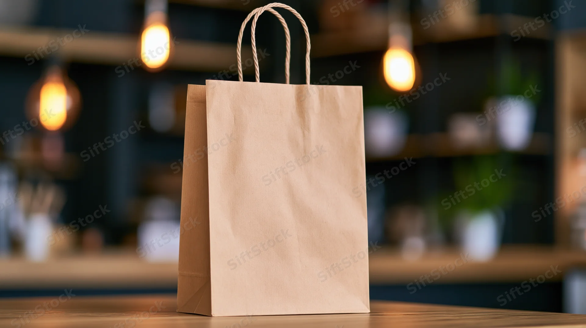 Plain kraft paper shopping bag with twisted rope handles on wooden counter in cafe interior