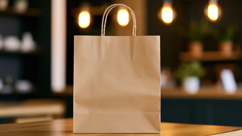 Plain kraft paper shopping bag with twisted rope handles on wooden counter in store interior