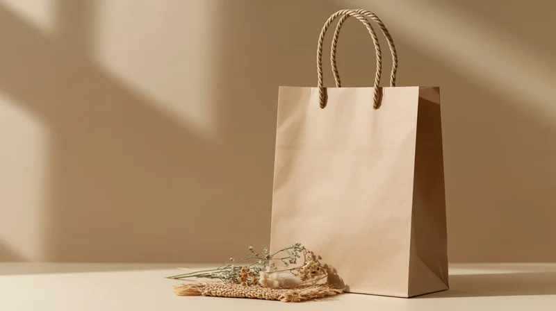 Plain kraft paper shopping bag with twisted rope handles on a neutral surface, accompanied by dried flowers and a woven mat, under soft sunlight casting shadows