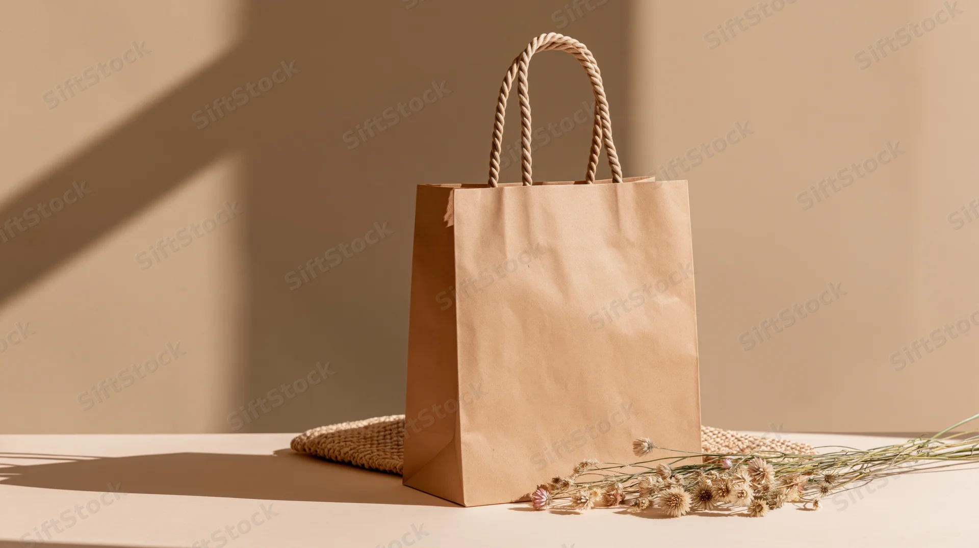 Kraft paper shopping bag with twisted rope handles on a neutral surface beside dried flowers and a woven mat