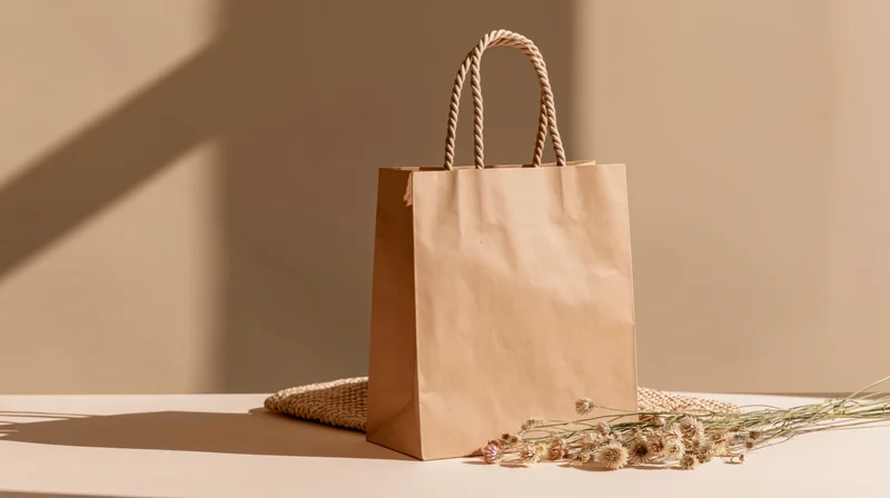 Kraft paper shopping bag with twisted rope handles on a neutral surface beside dried flowers and a woven mat