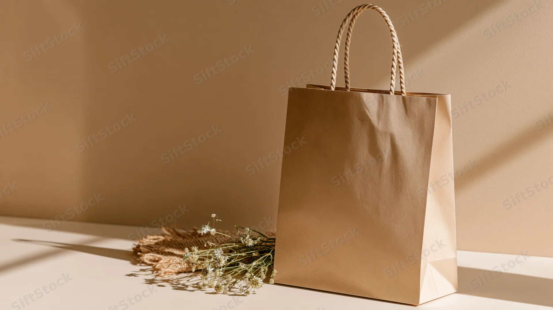 Kraft paper shopping bag with twisted rope handles on a beige surface beside dried flowers in soft sunlight