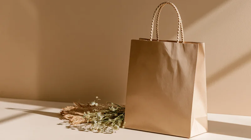 Kraft paper shopping bag with twisted rope handles on a beige surface beside dried flowers in soft sunlight